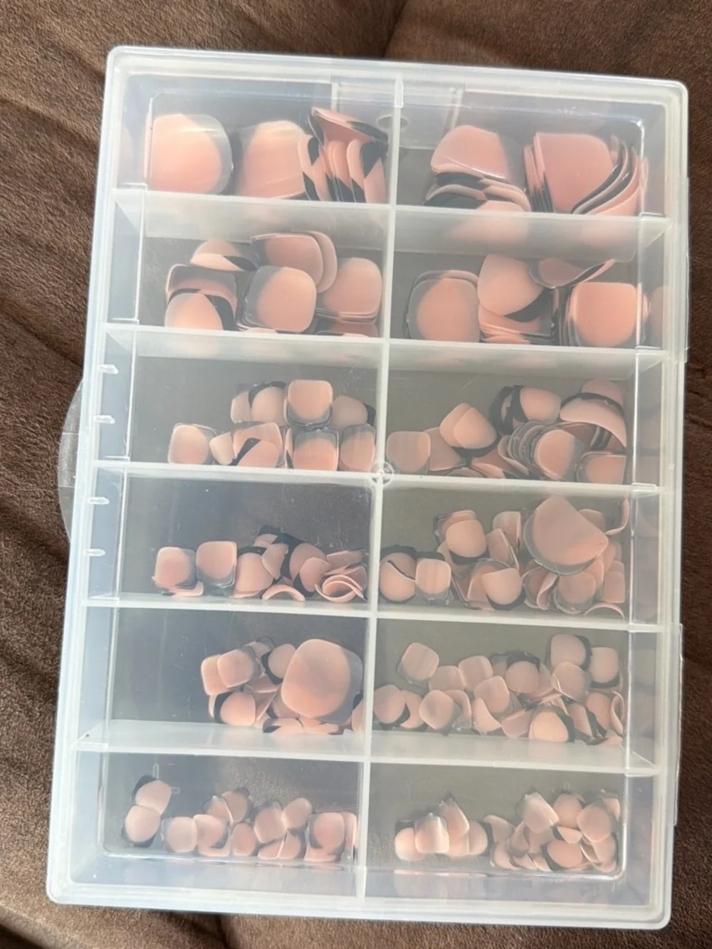 Clear Plastic Compartment Storage Box with press on toe nails black French tip